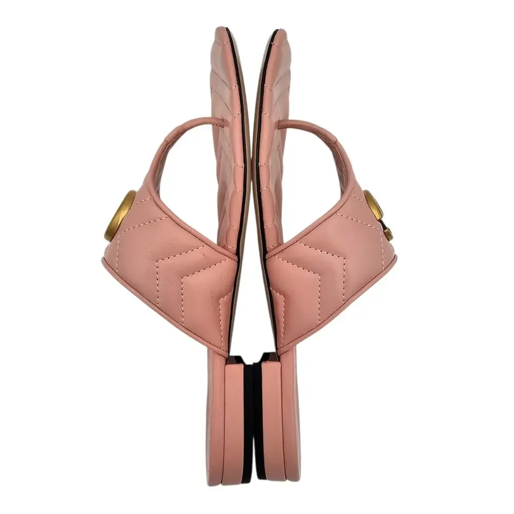 Gucci GG Marmont Flat Thong Sandal Pink Quilted Leather Gold Square Size 37 US 7
